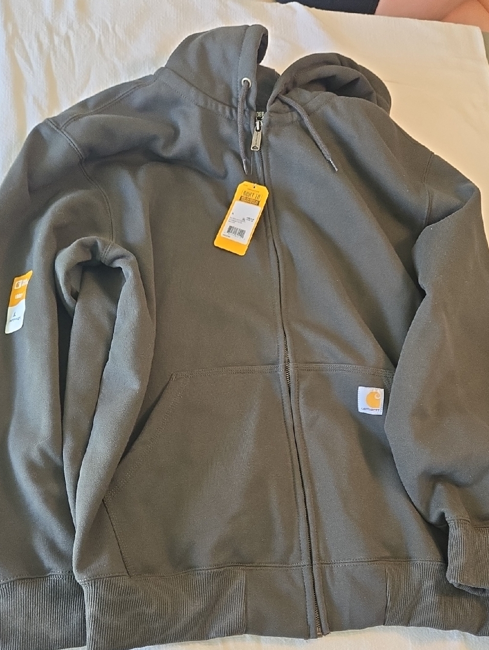 Carhartt Olive Zip Front Hooded Sweatshirt with Logo Patch Rain Defender